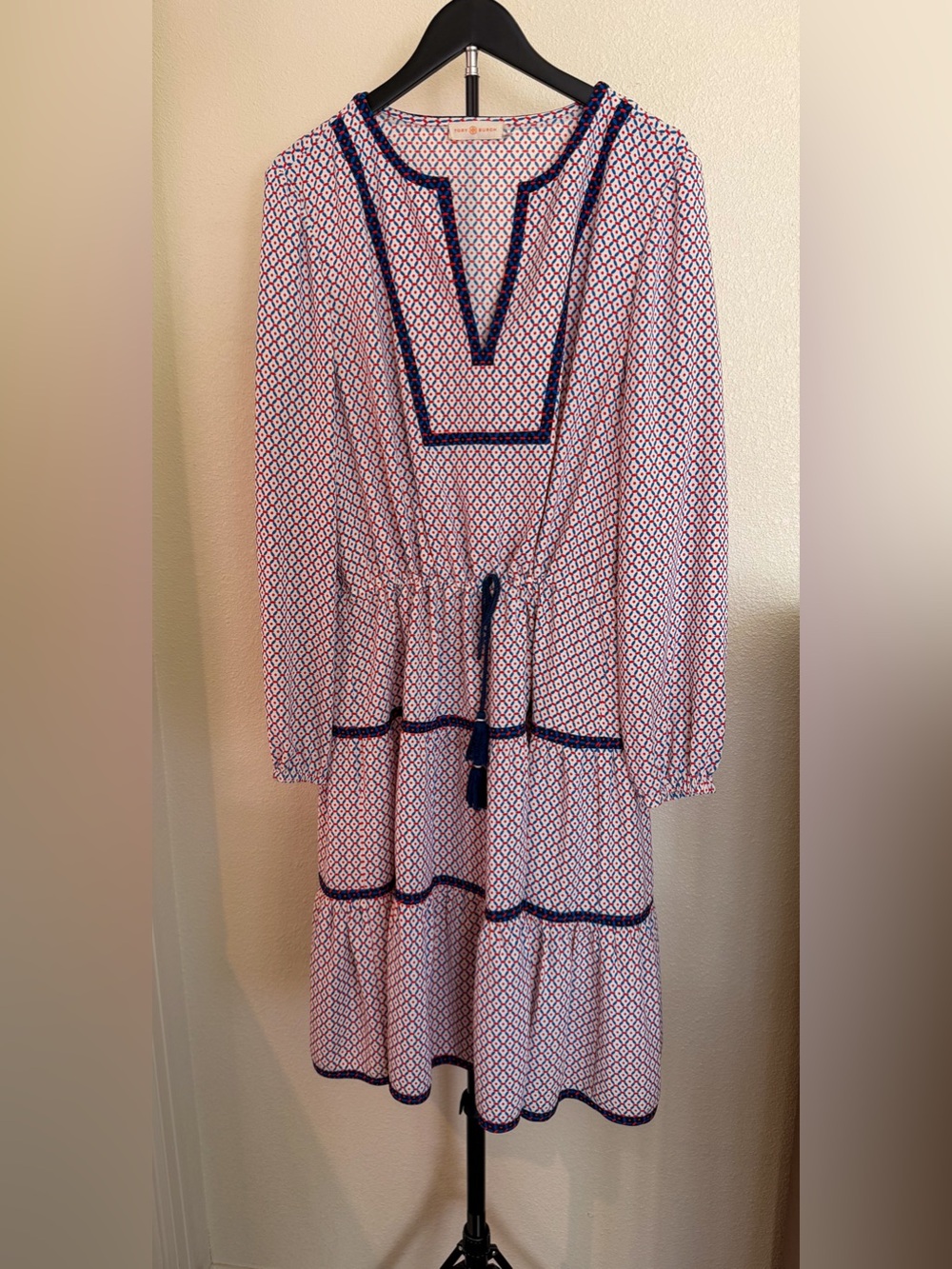 Printed Long-Sleeve Tiered Dress with Navy Trim - Cream/Navy/Red